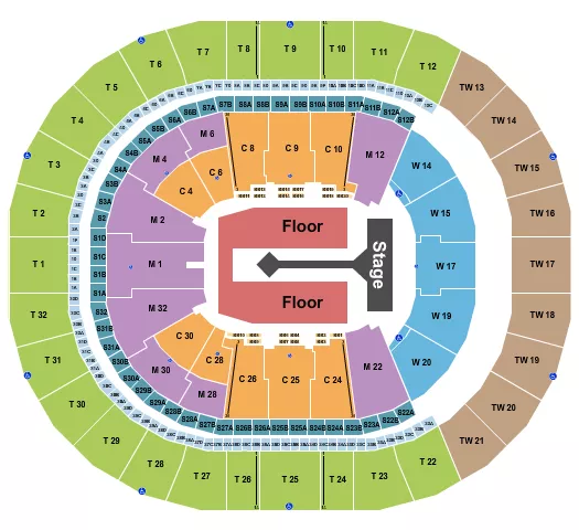 Babymetal Seating Chart at Intuit Dome. The chart shows the main floor/stage with seating options surrounding it, which are color coded