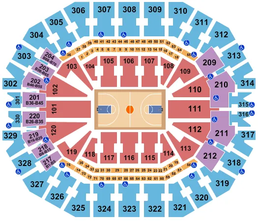 Basketball Seating Chart at KFC Yum! Center. The chart shows the main floor/stage with seating options surrounding it, which are color coded