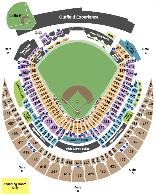 Baseball Seating Chart at Kauffman Stadium. The chart shows the main floor/stage with seating options surrounding it, which are color coded