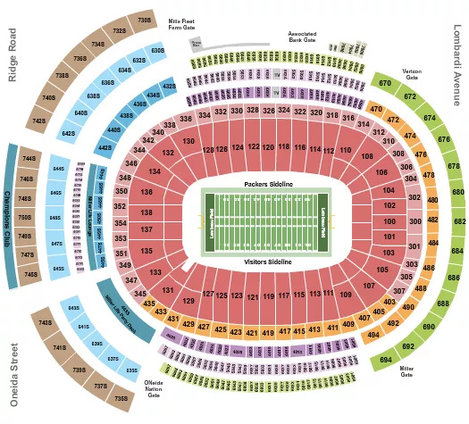 Football NO VFS Seating Chart at Lambeau Field. The chart shows the main floor/stage with seating options surrounding it, which are color coded