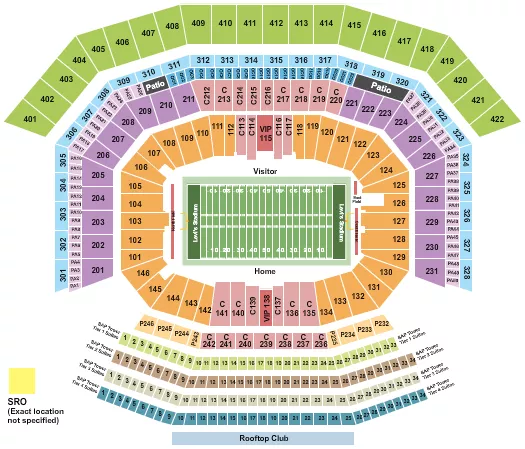 Football Seating Chart at Levi's Stadium. The chart shows the main floor/stage with seating options surrounding it, which are color coded