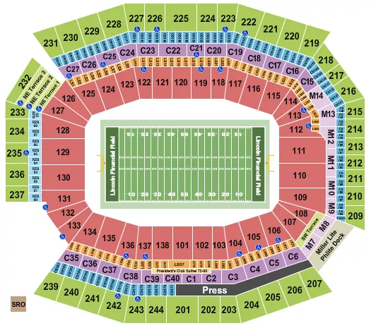 Football NO VFS Seating Chart at Lincoln Financial Field. The chart shows the main floor/stage with seating options surrounding it, which are color coded