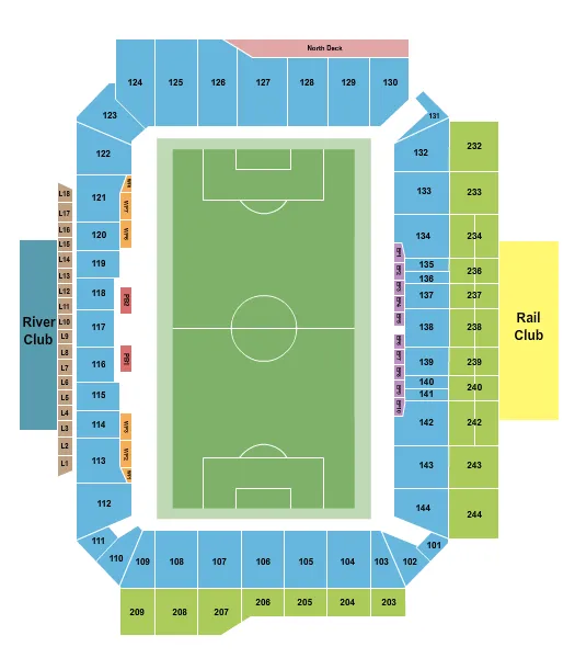 Soccer 2 Seating Chart at Lower.com Field. The chart shows the main floor/stage with seating options surrounding it, which are color coded