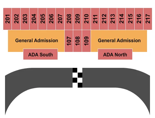 Craftsman Truck Series Seating Chart at Lucas Oil Raceway. The chart shows the main floor/stage with seating options surrounding it, which are color coded