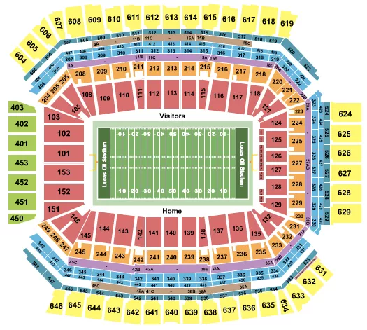 Football No VFS Seating Chart at Lucas Oil Stadium. The chart shows the main floor/stage with seating options surrounding it, which are color coded