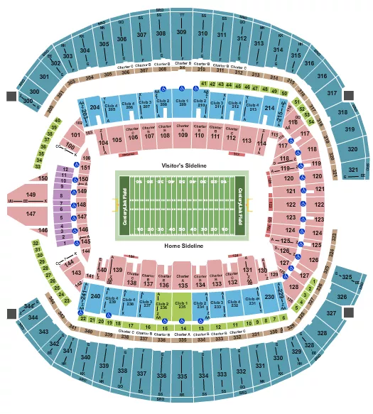 Football NO VFS Seating Chart at Lumen Field. The chart shows the main floor/stage with seating options surrounding it, which are color coded
