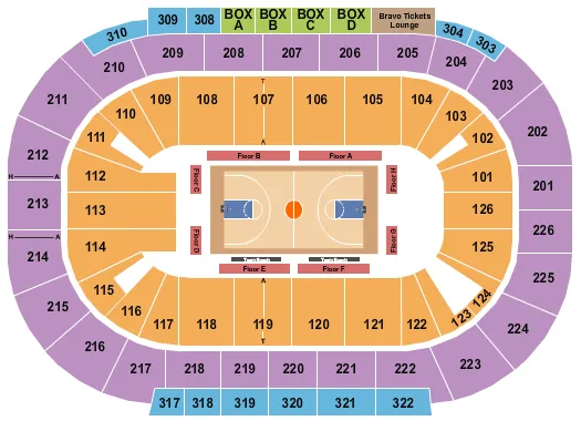 Basketball - WNBA Seating Chart at Michelob ULTRA Arena At Mandalay Bay. The chart shows the main floor/stage with seating options surrounding it, which are color coded