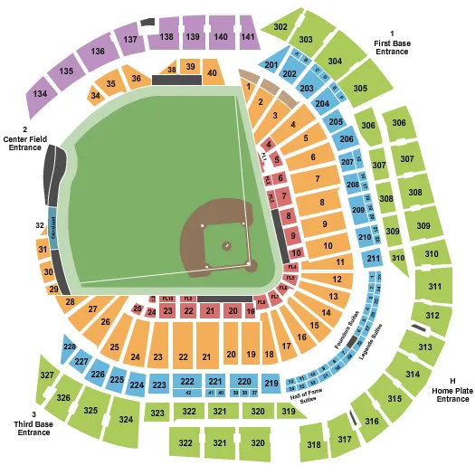 Baseball Seating Chart at loanDepot park. The chart shows the main floor/stage with seating options surrounding it, which are color coded