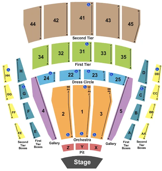 Concert Seating Chart at McCaw Hall. The chart shows the main floor/stage with seating options surrounding it, which are color coded