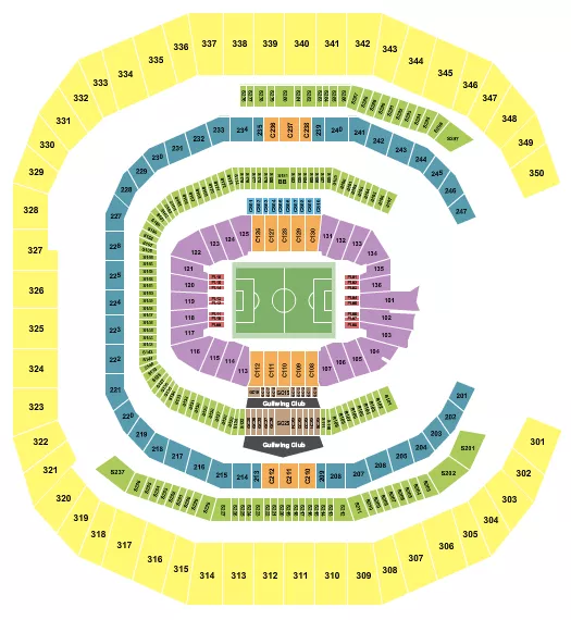 Soccer Seating Chart at Mercedes-Benz Stadium. The chart shows the main floor/stage with seating options surrounding it, which are color coded