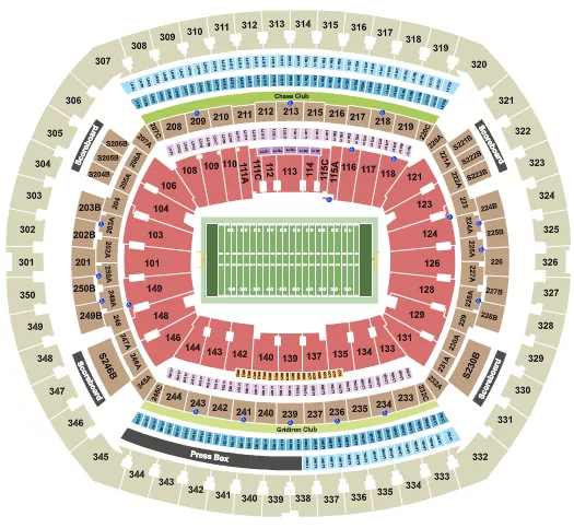 Football - Rows Seating Chart at MetLife Stadium. The chart shows the main floor/stage with seating options surrounding it, which are color coded