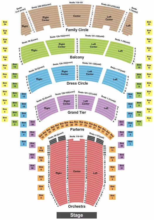 End Stage Seating Chart at Metropolitan Opera at Lincoln Center. The chart shows the main floor/stage with seating options surrounding it, which are color coded