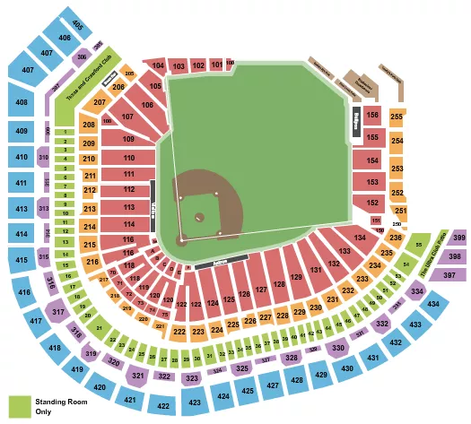 Baseball Seating Chart at Daikin Park. The chart shows the main floor/stage with seating options surrounding it, which are color coded