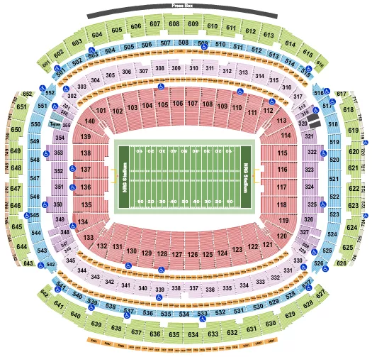 Football Row Seating Chart at NRG Stadium. The chart shows the main floor/stage with seating options surrounding it, which are color coded