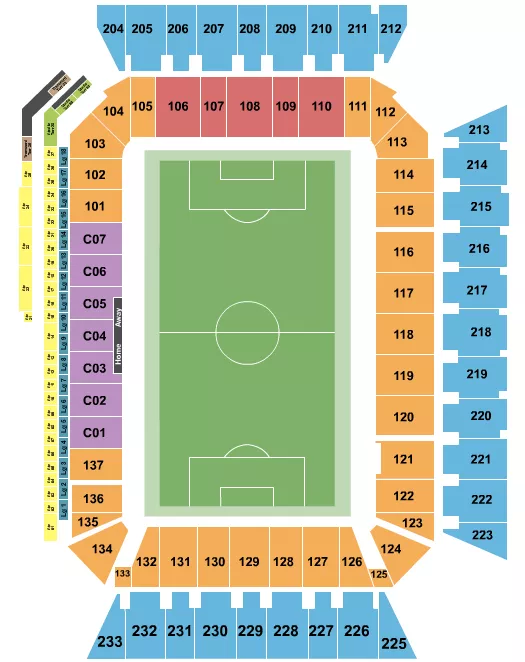 Soccer - Nashville SC Seating Chart at Geodis Park. The chart shows the main floor/stage with seating options surrounding it, which are color coded