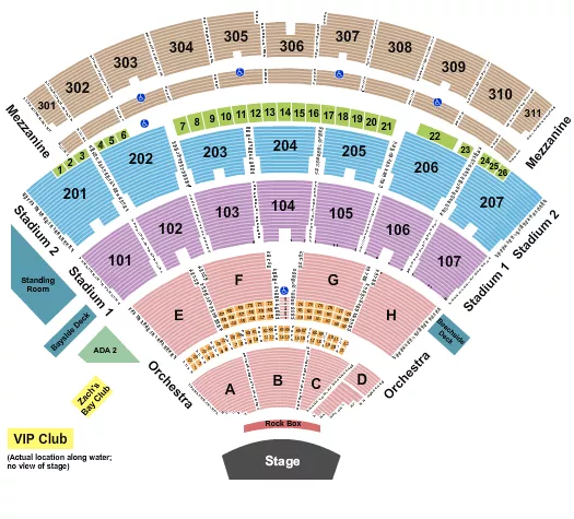 End Stage Seating Chart at Northwell at Jones Beach Theater. The chart shows the main floor/stage with seating options surrounding it, which are color coded