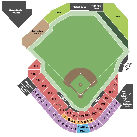 Baseball Seating Chart at ONEOK Field. The chart shows the main floor/stage with seating options surrounding it, which are color coded