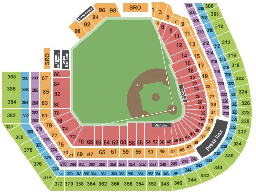 Baseball Seating Chart at Oriole Park At Camden Yards. The chart shows the main floor/stage with seating options surrounding it, which are color coded