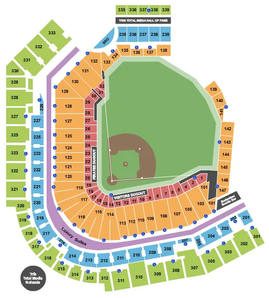 Baseball Seating Chart at PNC Park. The chart shows the main floor/stage with seating options surrounding it, which are color coded