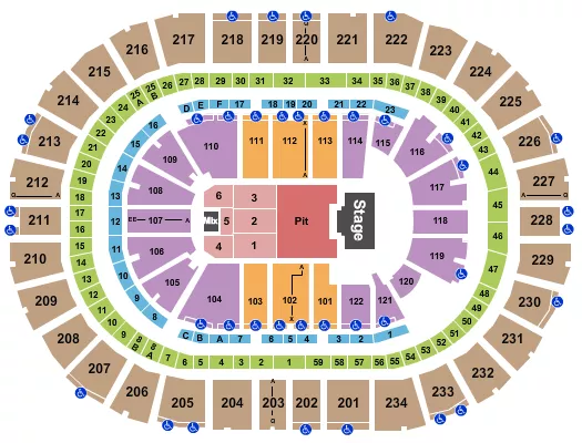 Billy Strings Seating Chart at PPG Paints Arena. The chart shows the main floor/stage with seating options surrounding it, which are color coded