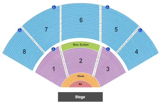 Full House Seating Chart at Pacific Amphitheatre. The chart shows the main floor/stage with seating options surrounding it, which are color coded