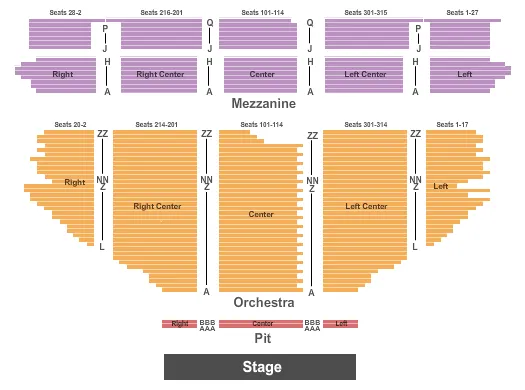 End Stage Seating Chart at Hollywood Pantages Theatre. The chart shows the main floor/stage with seating options surrounding it, which are color coded