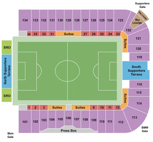 Soccer 2 Seating Chart at PayPal Park. The chart shows the main floor/stage with seating options surrounding it, which are color coded