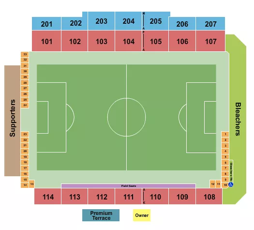 Soccer 2 Seating Chart at Phoenix Rising FC Stadium - Phoenix. The chart shows the main floor/stage with seating options surrounding it, which are color coded