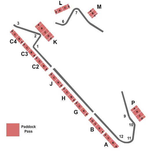 End Stage Seating Chart at Portland International Raceway. The chart shows the main floor/stage with seating options surrounding it, which are color coded