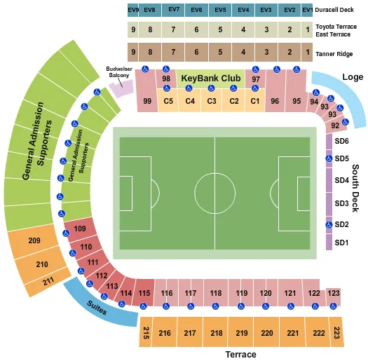 Soccer Seating Chart at Providence Park. The chart shows the main floor/stage with seating options surrounding it, which are color coded