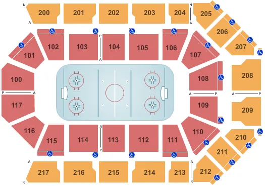 Hockey Seating Chart at Dignity Health Arena. The chart shows the main floor/stage with seating options surrounding it, which are color coded