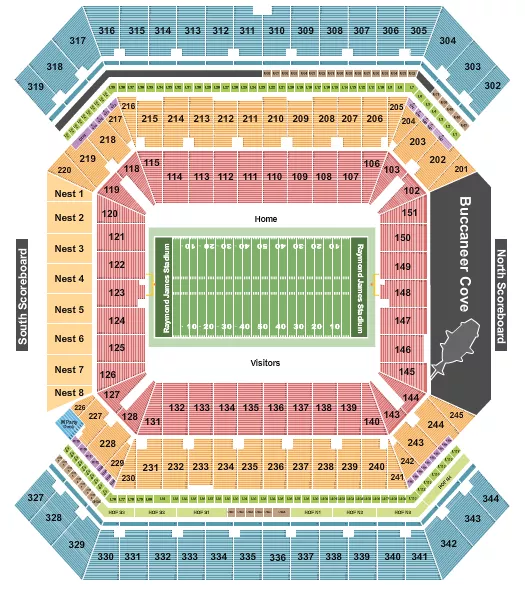 Football Rows NO VFS Seating Chart at Raymond James Stadium. The chart shows the main floor/stage with seating options surrounding it, which are color coded