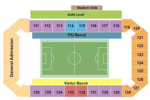 Soccer Seating Chart at Pitbull Stadium. The chart shows the main floor/stage with seating options surrounding it, which are color coded