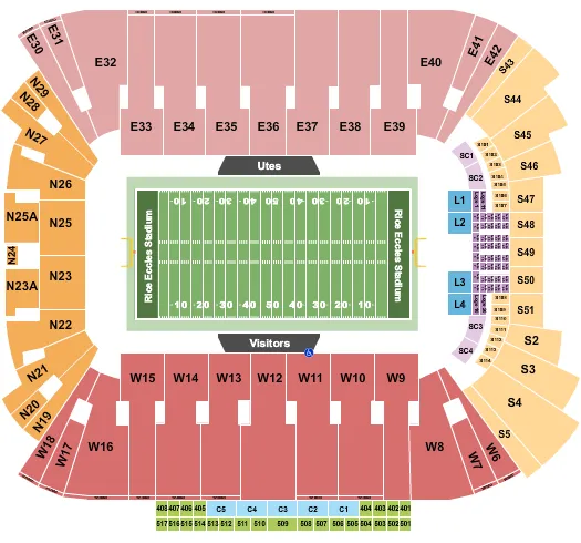 Football 2 Seating Chart at Rice Eccles Stadium. The chart shows the main floor/stage with seating options surrounding it, which are color coded