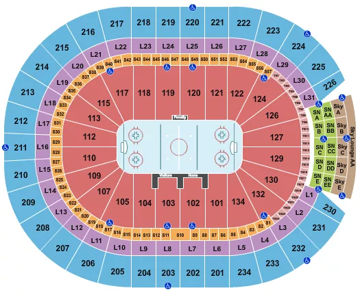 Hockey 2 Seating Chart at Rogers Place. The chart shows the main floor/stage with seating options surrounding it, which are color coded