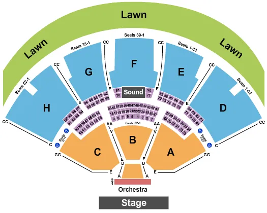 End Stage Seating Chart at Ruoff Music Center. The chart shows the main floor/stage with seating options surrounding it, which are color coded