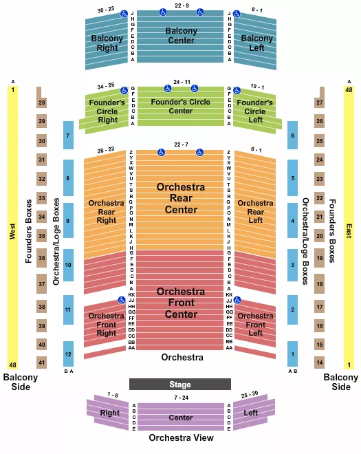 Endstage Seating Chart at Schermerhorn Symphony Center. The chart shows the main floor/stage with seating options surrounding it, which are color coded