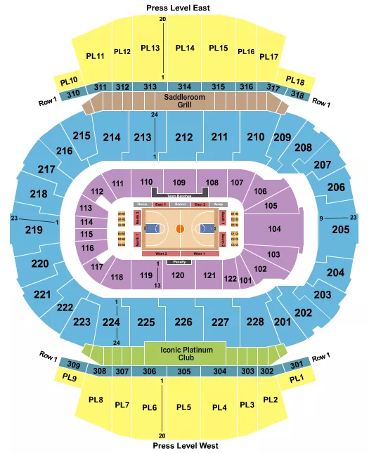 Basketball - Surge Seating Chart at Scotiabank Saddledome. The chart shows the main floor/stage with seating options surrounding it, which are color coded
