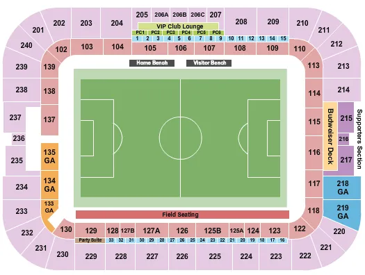 Soccer Seating Chart at Shell Energy Stadium. The chart shows the main floor/stage with seating options surrounding it, which are color coded