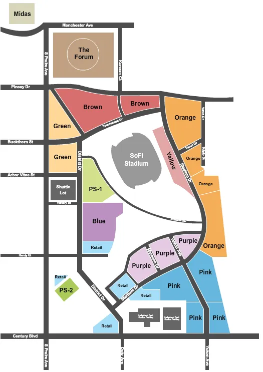Parking 2 Seating Chart at SoFi Stadium Parking Lots. The chart shows the main floor/stage with seating options surrounding it, which are color coded