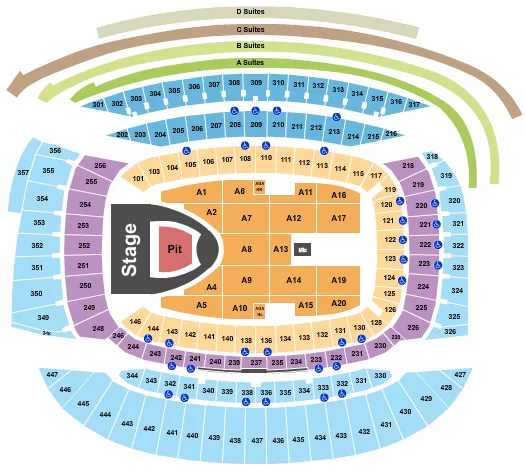 Blackpink Seating Chart at Soldier Field. The chart shows the main floor/stage with seating options surrounding it, which are color coded