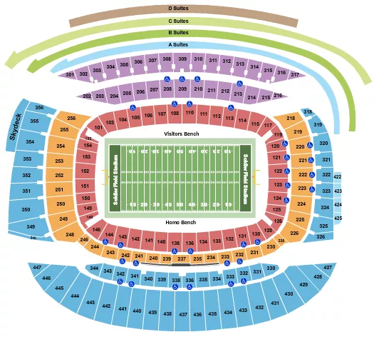 Football Seating Chart at Soldier Field. The chart shows the main floor/stage with seating options surrounding it, which are color coded
