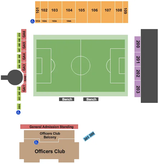 Soccer Seating Chart at ATCO Field At Spruce Meadows. The chart shows the main floor/stage with seating options surrounding it, which are color coded