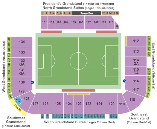 Soccer Seating Chart at Stade Saputo. The chart shows the main floor/stage with seating options surrounding it, which are color coded