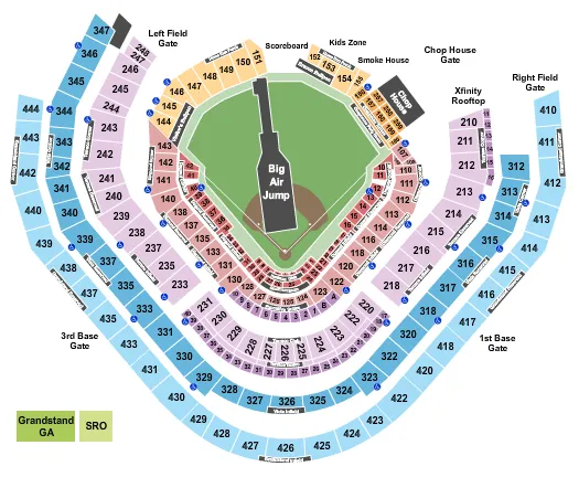 Baseball Seating Chart at Truist Park. The chart shows the main floor/stage with seating options surrounding it, which are color coded