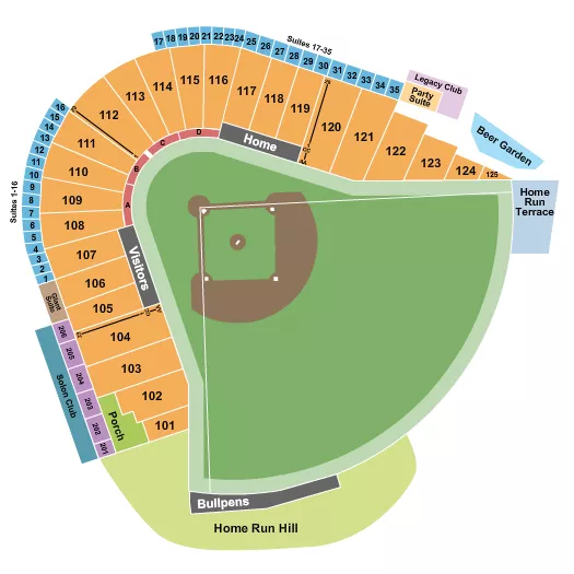 Baseball Seating Chart at Sutter Health Park. The chart shows the main floor/stage with seating options surrounding it, which are color coded