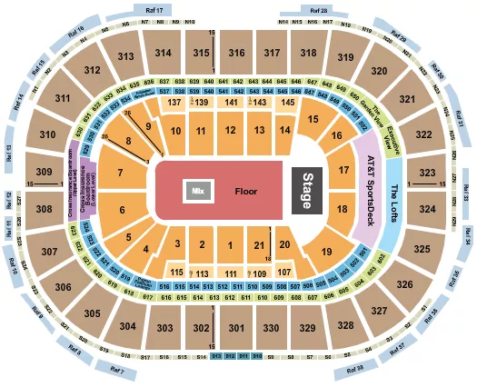 1975 Seating Chart at TD Garden. The chart shows the main floor/stage with seating options surrounding it, which are color coded