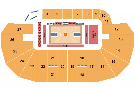 Basketball - Blackjacks Seating Chart at TD Place Arena. The chart shows the main floor/stage with seating options surrounding it, which are color coded