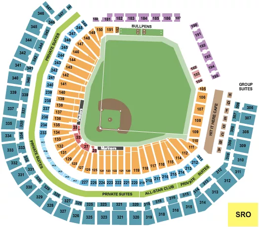 Baseball 2 Seating Chart at T-Mobile Park. The chart shows the main floor/stage with seating options surrounding it, which are color coded