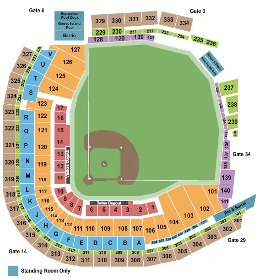 Baseball Seating Chart at Target Field. The chart shows the main floor/stage with seating options surrounding it, which are color coded